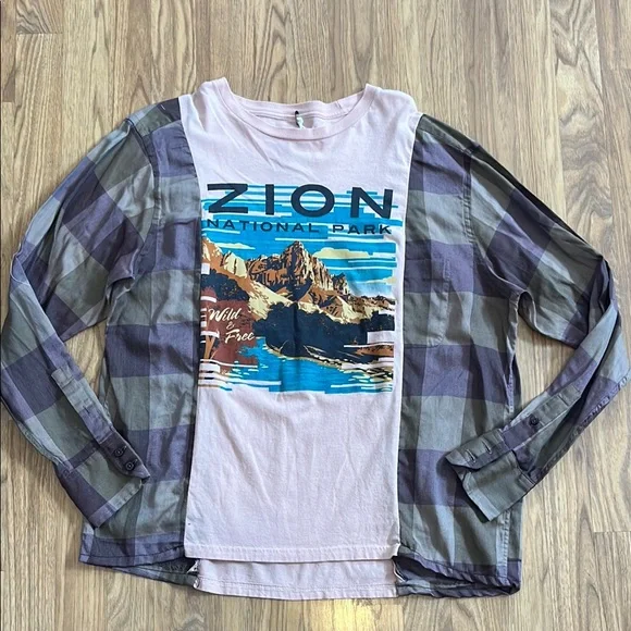 Zion National Park Flannel Sweatshirt Shirt upcycled no size - Picture 3 of 7
